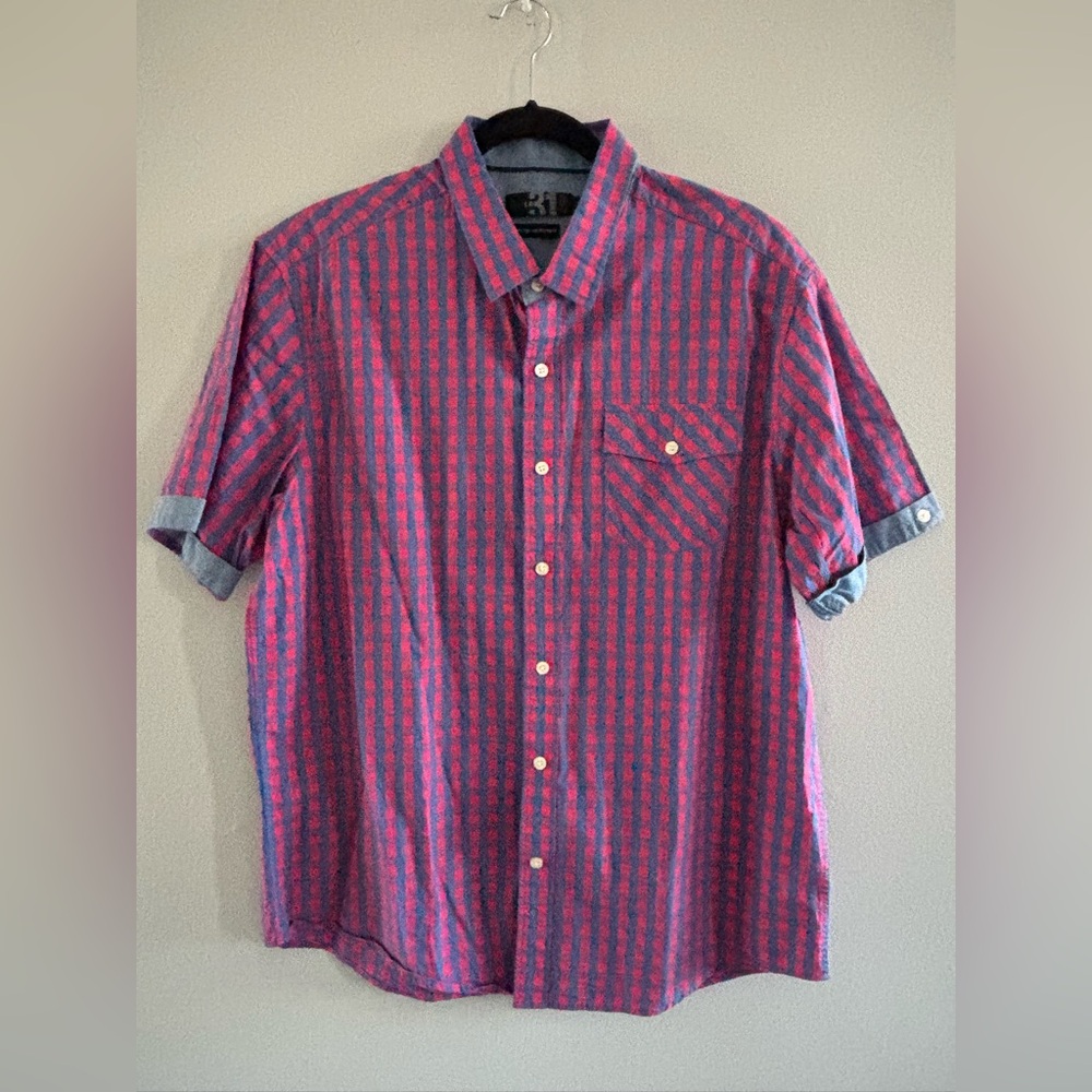 Le 31 Simons Men's Short-Sleeve Button-Up Shirt Pink and Blue Semi-Fit Sz. XL